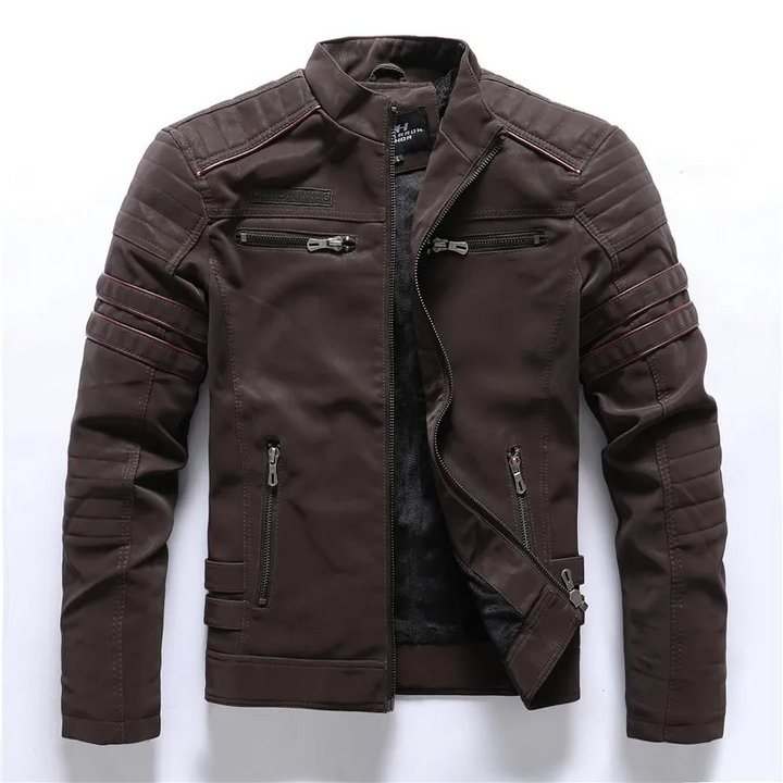 Men's Quilted Motorcycle Jacket with Fleece Lining and Multiple Pockets Brown
