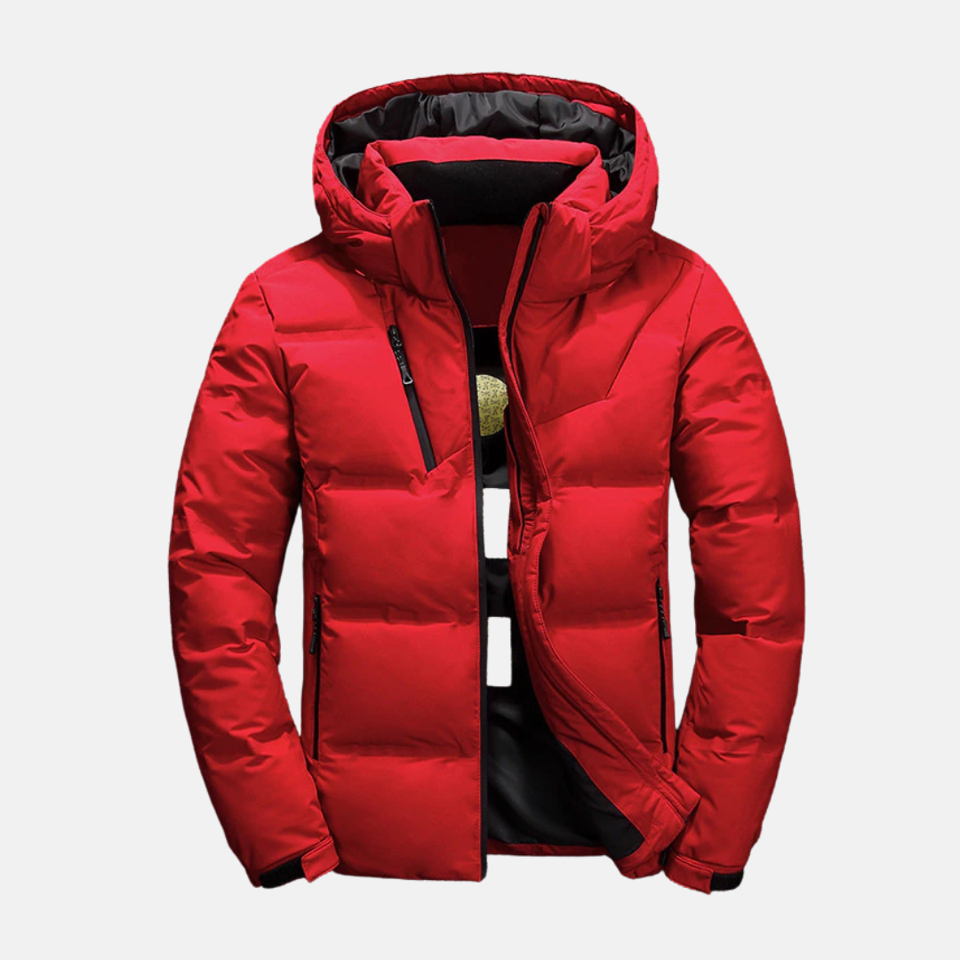 Men's Quilted Puffer Jacket – Hooded, Adjustable Cuffs, Zip Pockets Red