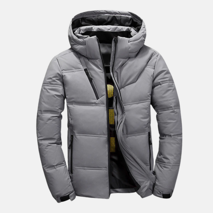 Men's Quilted Puffer Jacket – Hooded, Adjustable Cuffs, Zip Pockets Light Grey