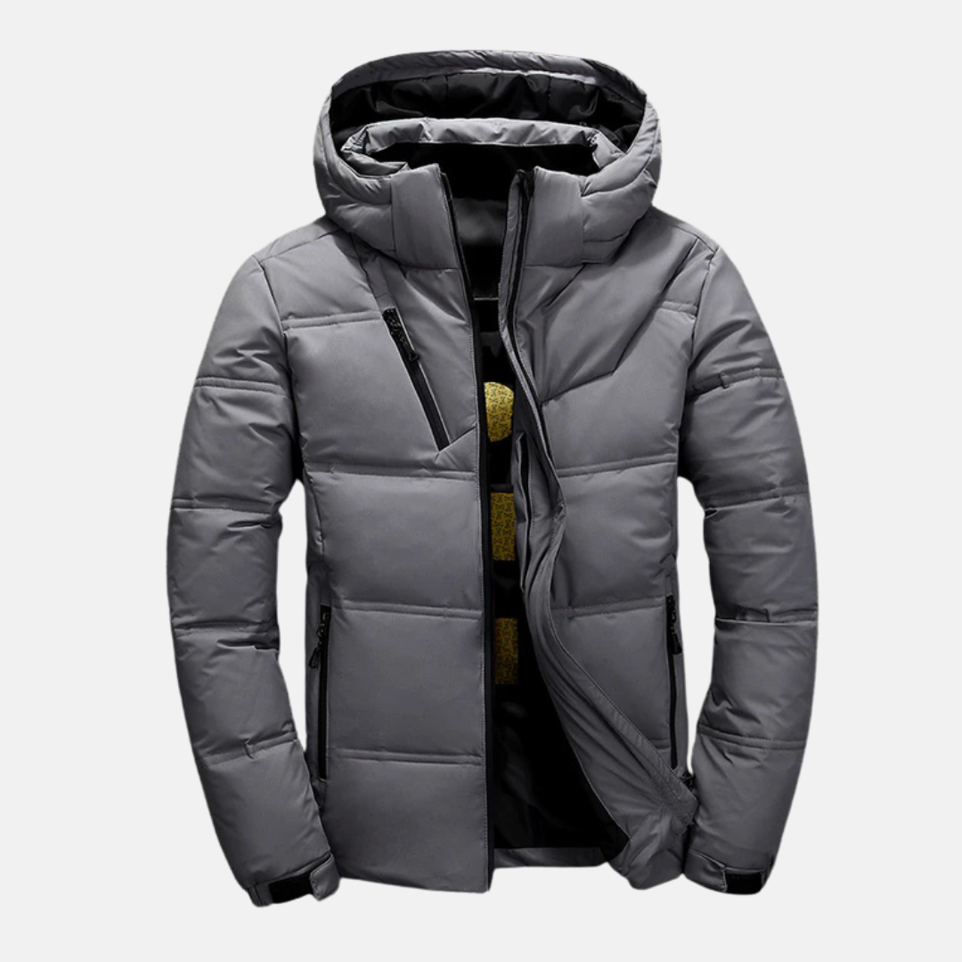 Men's Quilted Puffer Jacket – Hooded, Adjustable Cuffs, Zip Pockets Dark Grey