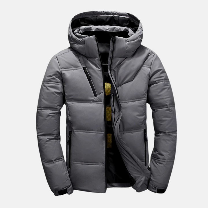 Men's Quilted Puffer Jacket – Hooded, Adjustable Cuffs, Zip Pockets Dark Grey
