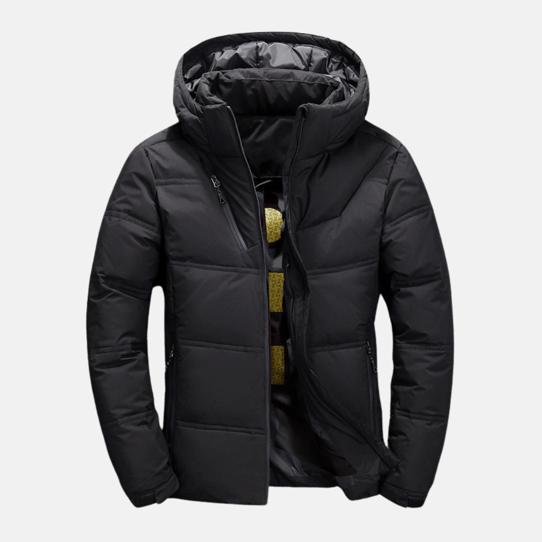 Men's Quilted Puffer Jacket – Hooded, Adjustable Cuffs, Zip Pockets Black