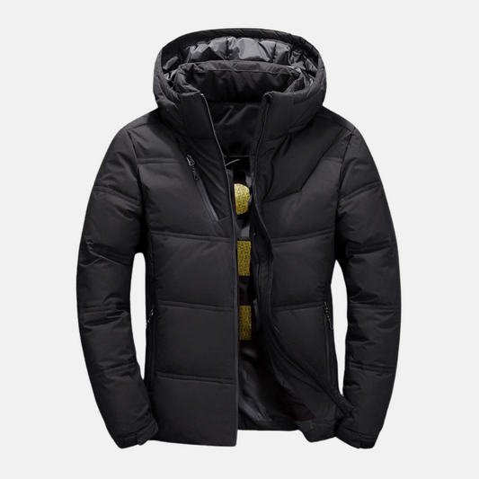 Men's Quilted Puffer Jacket – Hooded, Adjustable Cuffs, Zip Pockets Black