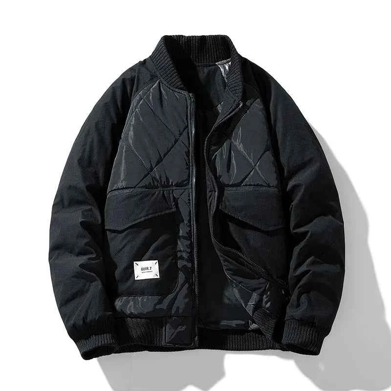 Men's Quilted Relaxed Fit Bomber Jacket | Ribbed Collar Zip-Up Design Jet Black