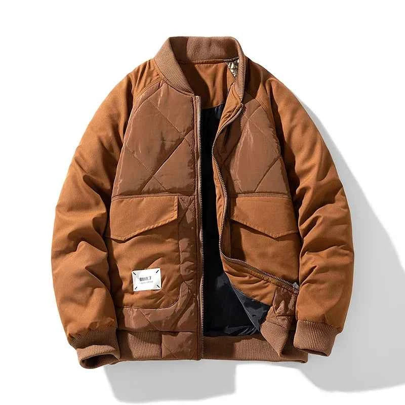 Men's Quilted Relaxed Fit Bomber Jacket | Ribbed Collar Zip-Up Design Coffee
