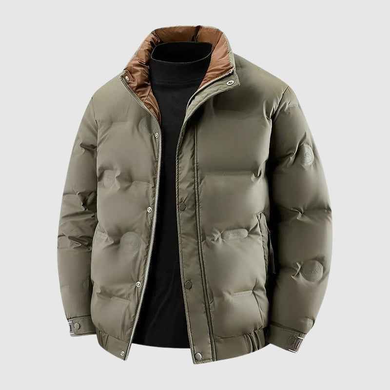 Men's Quilted Relaxed Fit Puffer Jacket | Stand-Up Collar Hip-Length Design Green