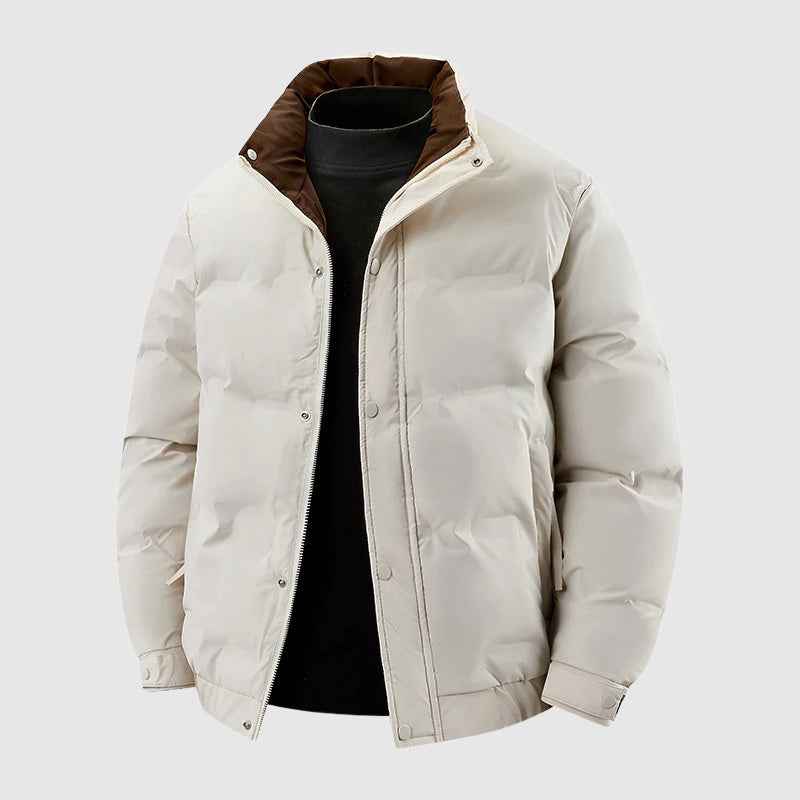 Men's Quilted Relaxed Fit Puffer Jacket | Stand-Up Collar Hip-Length Design White