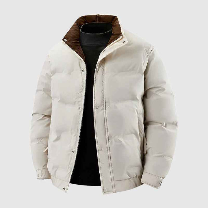 Men's Quilted Relaxed Fit Puffer Jacket | Stand-Up Collar Hip-Length Design White