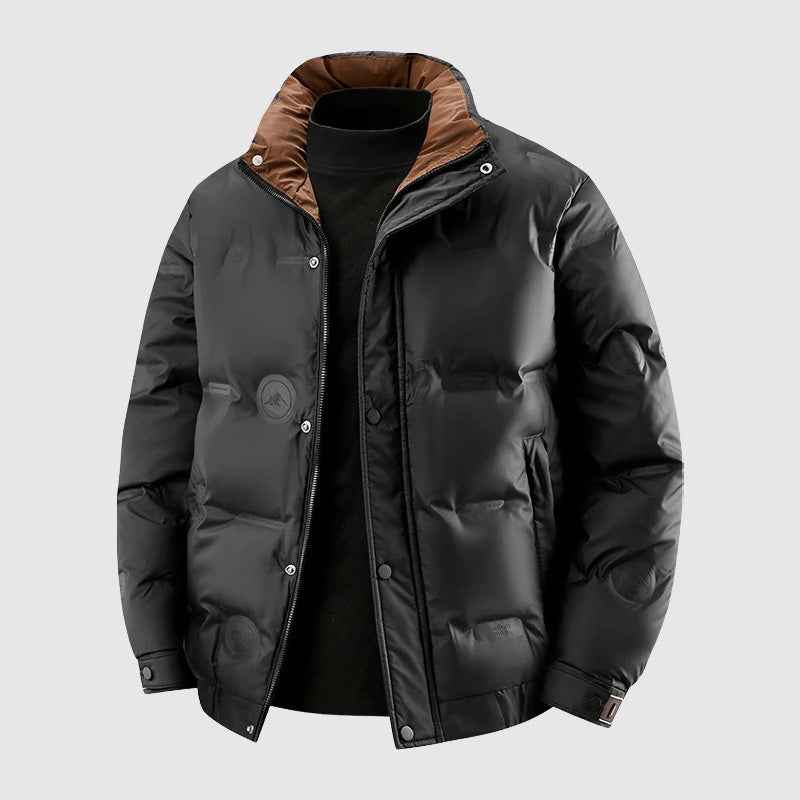 Men's Quilted Relaxed Fit Puffer Jacket | Stand-Up Collar Hip-Length Design Black