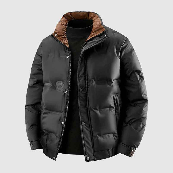 Men's Quilted Relaxed Fit Puffer Jacket | Stand-Up Collar Hip-Length Design Black