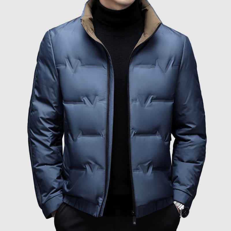 Men's Quilted Stand Collar Hip-Length Puffer Jacket | Zip Front Design Blue