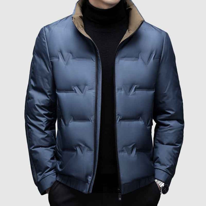 Men's Quilted Stand Collar Hip-Length Puffer Jacket | Zip Front Design Blue