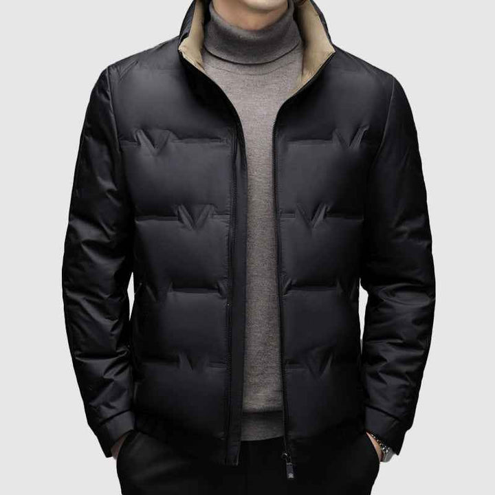 Men's Quilted Stand Collar Hip-Length Puffer Jacket | Zip Front Design Black