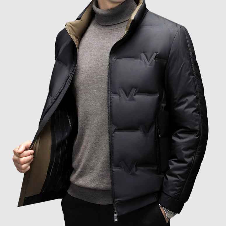 Men's Quilted Stand Collar Hip-Length Puffer Jacket | Zip Front Design