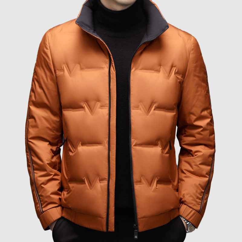 Men's Quilted Stand Collar Hip-Length Puffer Jacket | Zip Front Design Orange