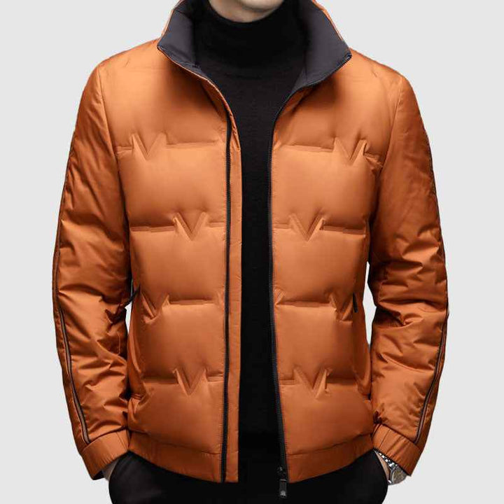 Men's Quilted Stand Collar Hip-Length Puffer Jacket | Zip Front Design Orange
