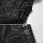 Men's Black Faux Leather Band Collar Zip Up Biker Jacket