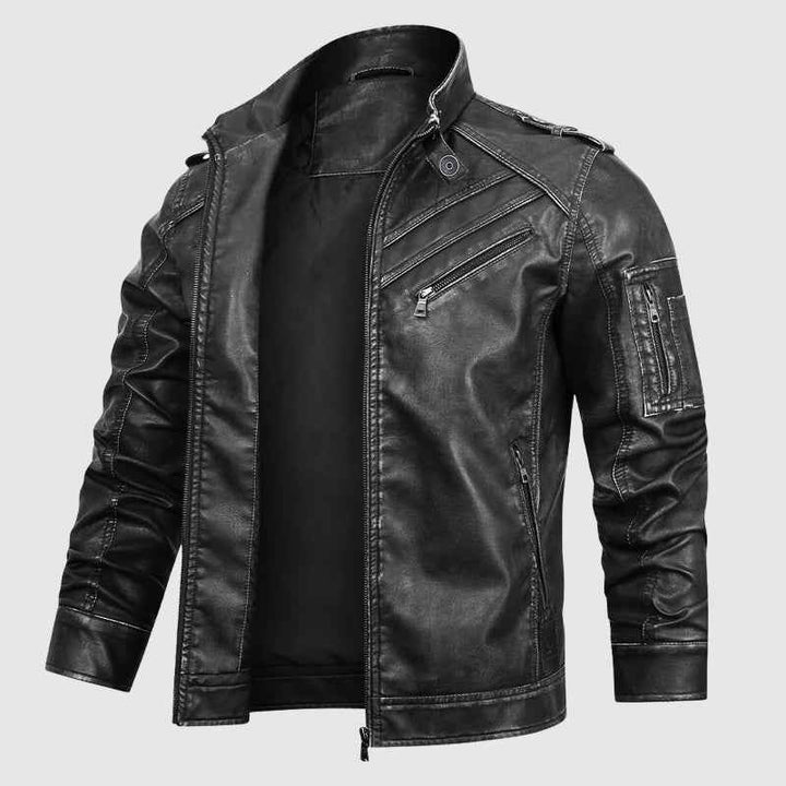 Men's Regular Fit Biker Jacket | Band Collar Hip-Length Design Black