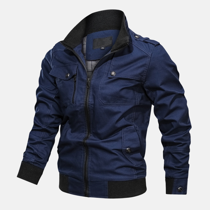Men's Regular Fit Bomber Jacket – Cotton Blend with Ribbed Trims and Epaulet Details Blue