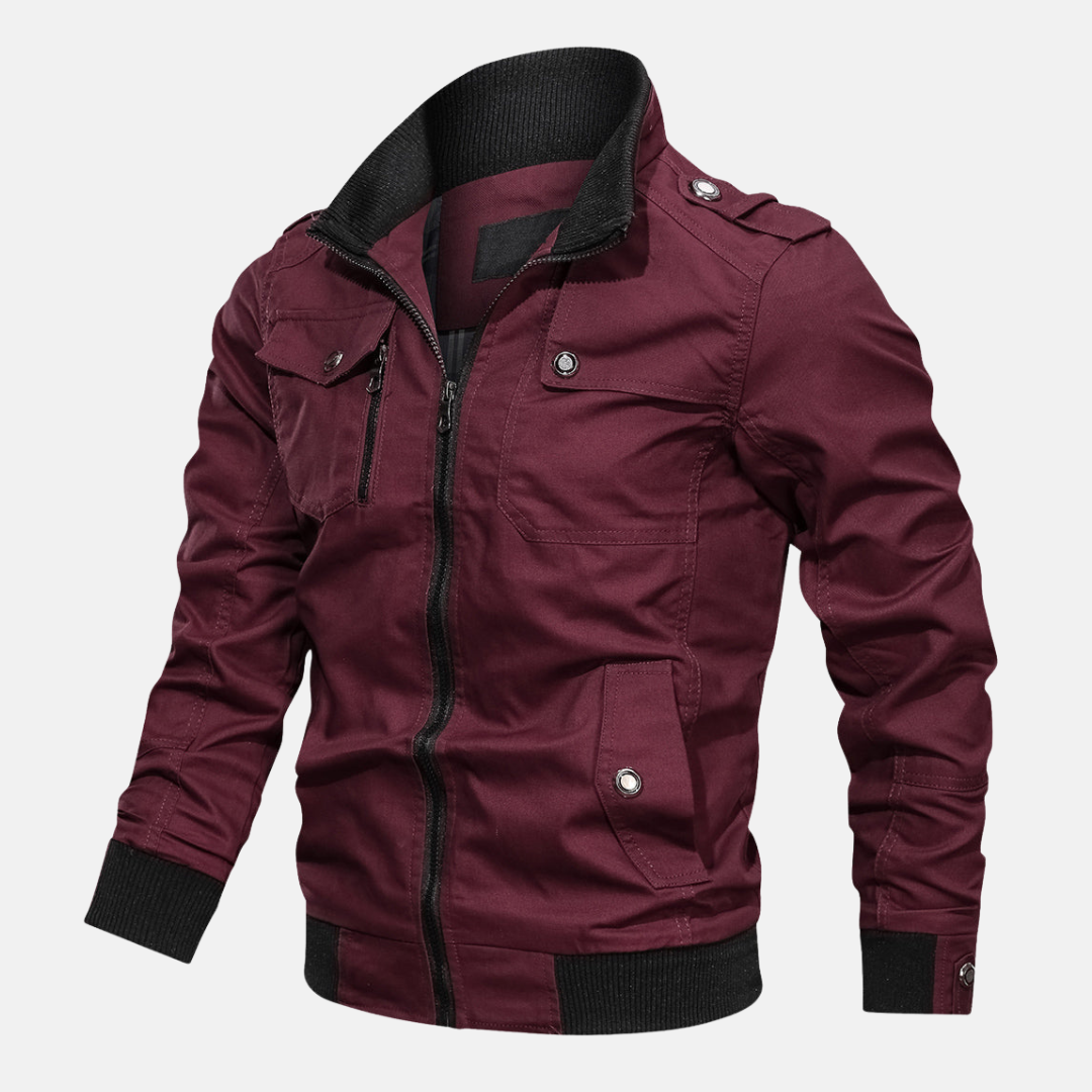 Men's Regular Fit Bomber Jacket – Cotton Blend with Ribbed Trims and Epaulet Details Red