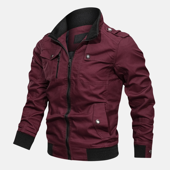 Men's Regular Fit Bomber Jacket – Cotton Blend with Ribbed Trims and Epaulet Details Red