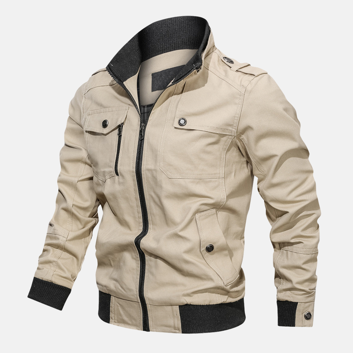 Men's Regular Fit Bomber Jacket – Cotton Blend with Ribbed Trims and Epaulet Details Khaki