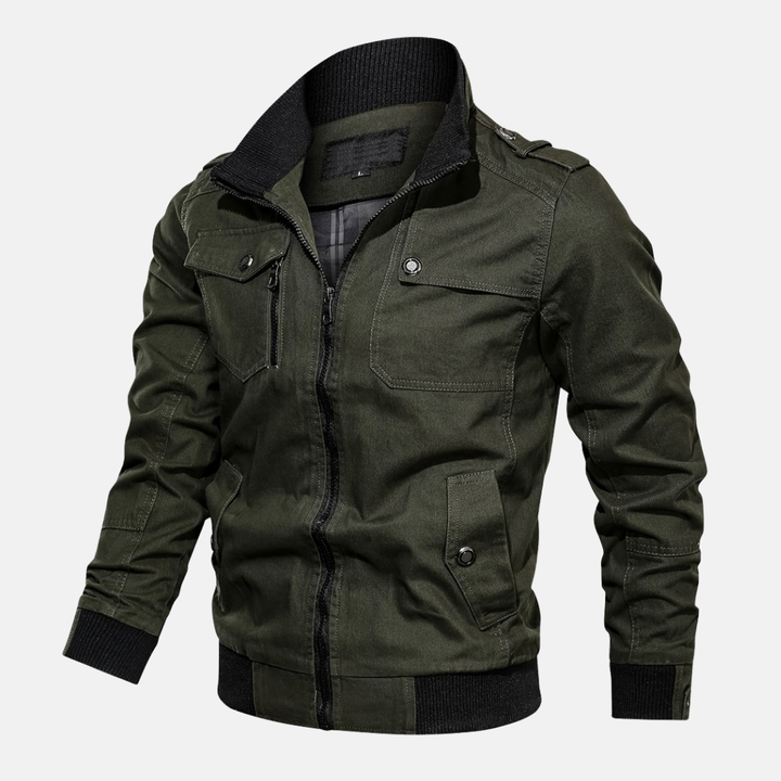 Men's Regular Fit Bomber Jacket – Cotton Blend with Ribbed Trims and Epaulet Details Green