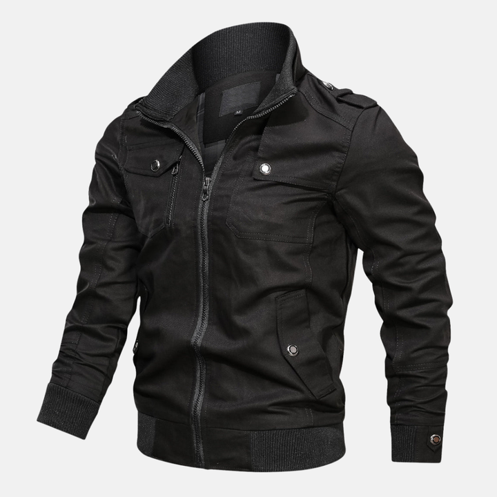 Men's Regular Fit Bomber Jacket – Cotton Blend with Ribbed Trims and Epaulet Details Black