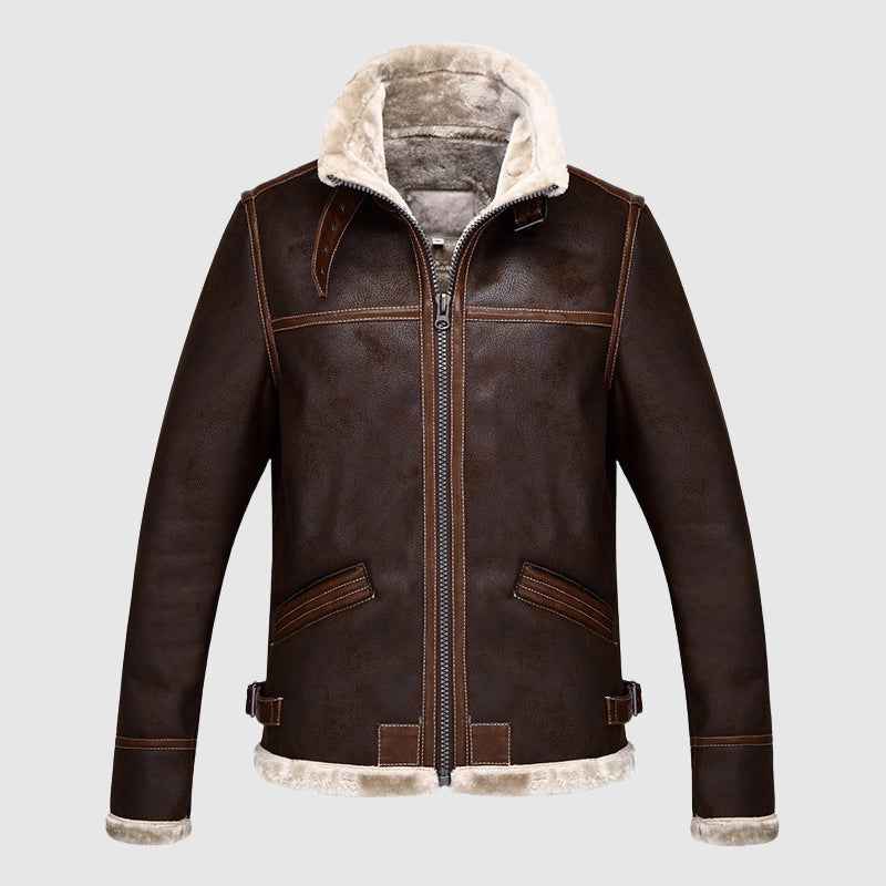 Men's Regular Fit Bomber Jacket | Shearling Collar Zip-Up Design Brown