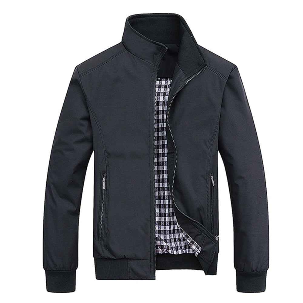 Men's Regular Fit Bomber Jacket | Stand Collar Zip Front Design Black
