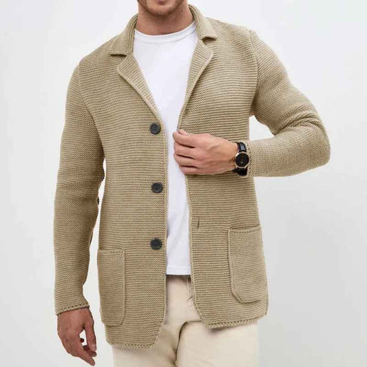 Men's Knit Button Front Patch Pockets Solid Black Cardigan Beige