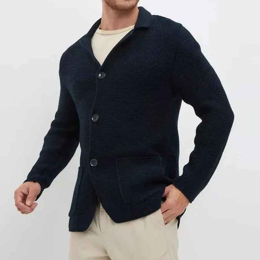 Men's Knit Button Front Patch Pockets Solid Black Cardigan