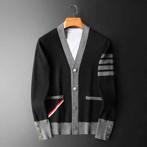 Men's Regular Fit Cardigan with Striped Sleeves and Button Front Classic Black