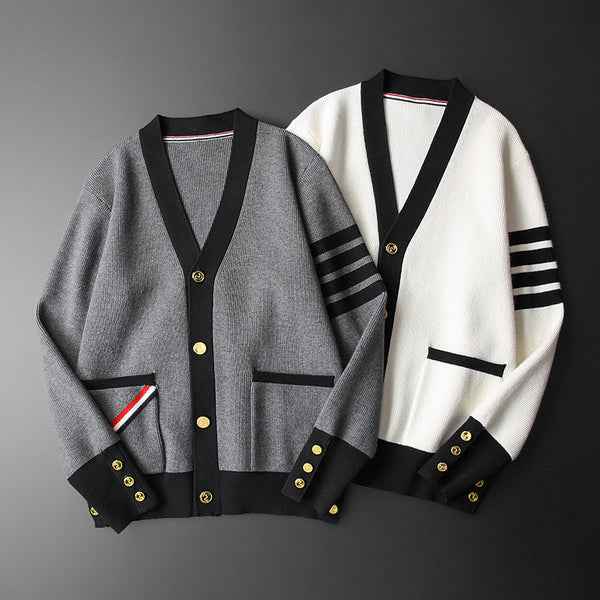 Men's Regular Fit Cardigan with Striped Sleeves and Button Front