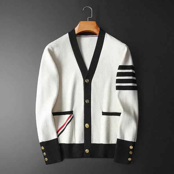 Men's Regular Fit Cardigan with Striped Sleeves and Button Front White