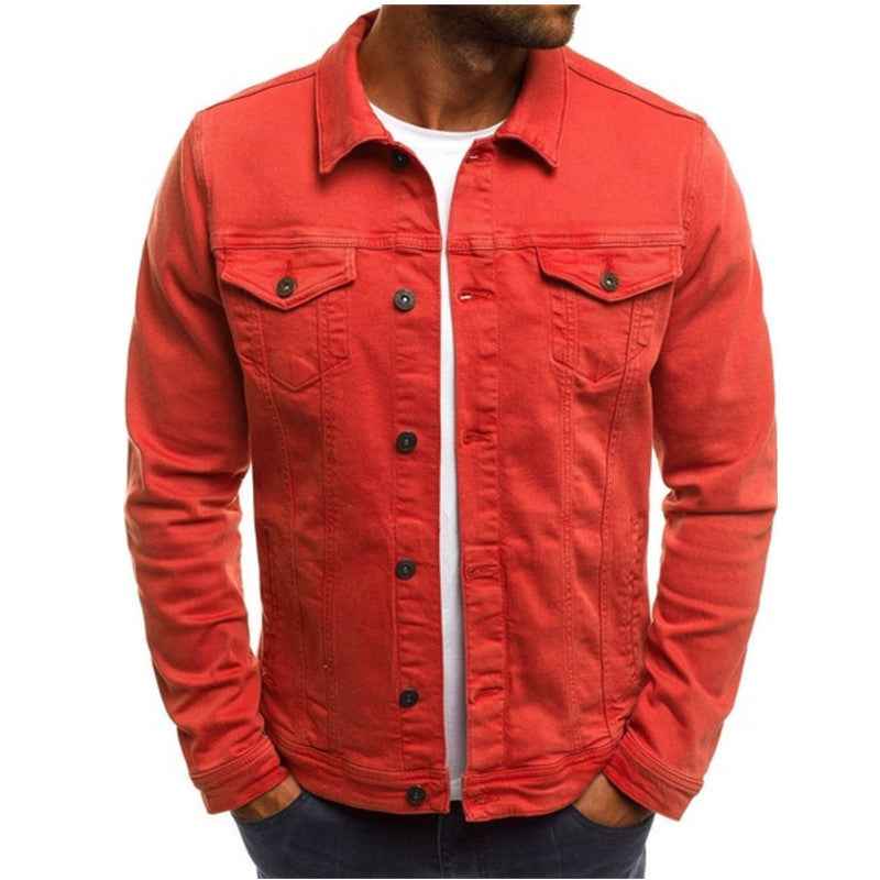 Men's Regular Fit Denim Jacket – Button Closure, Chest Pockets, Durable Design Red