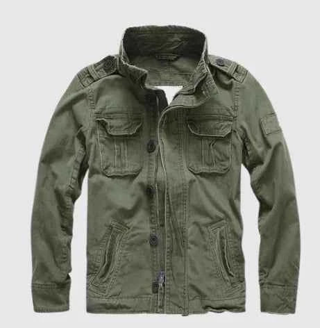 Men's Regular Fit Denim Jacket – Button Closure, High Collar, Multiple Pockets Green