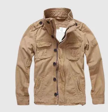 Men's Regular Fit Denim Jacket – Button Closure, High Collar, Multiple Pockets Brown
