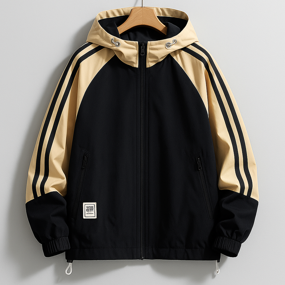 Men's Regular Fit Hooded Jacket with Striped Sleeves - Hip-Length Design Black