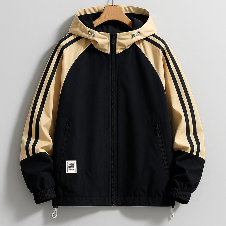 Men's Regular Fit Hooded Jacket with Striped Sleeves - Hip-Length Design Black