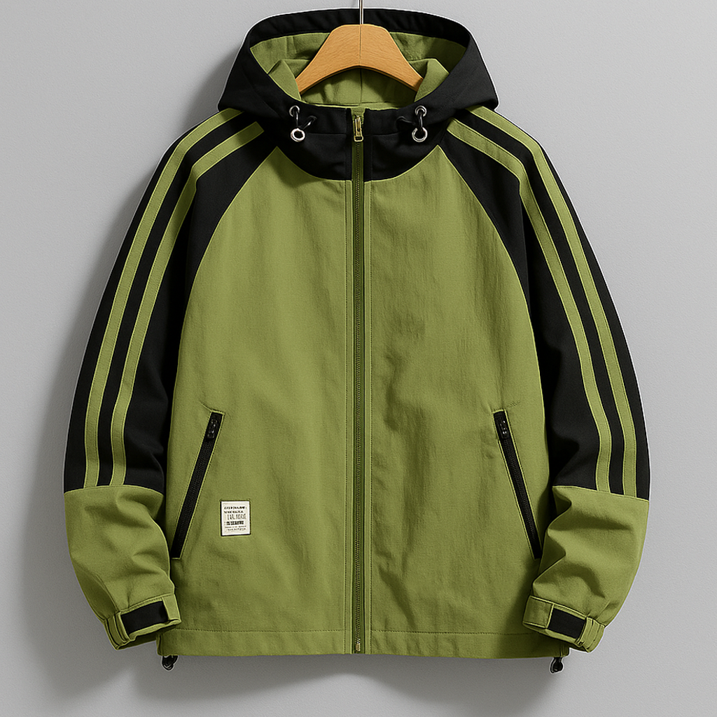 Men's Regular Fit Hooded Jacket with Striped Sleeves - Hip-Length Design Green