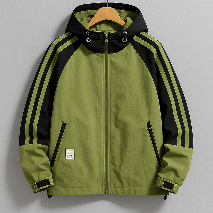 Men's Regular Fit Hooded Jacket with Striped Sleeves - Hip-Length Design Green