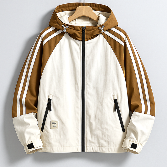 Men's Black Full Zip Drawstring Hood Striped Sleeve Jacket Khaki