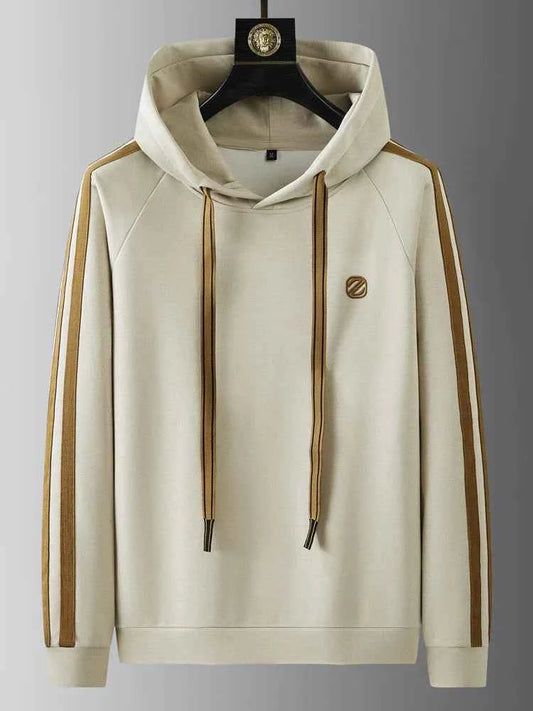 Men's Knitted Hood Drawstring Solid Beige Winter Hoodie