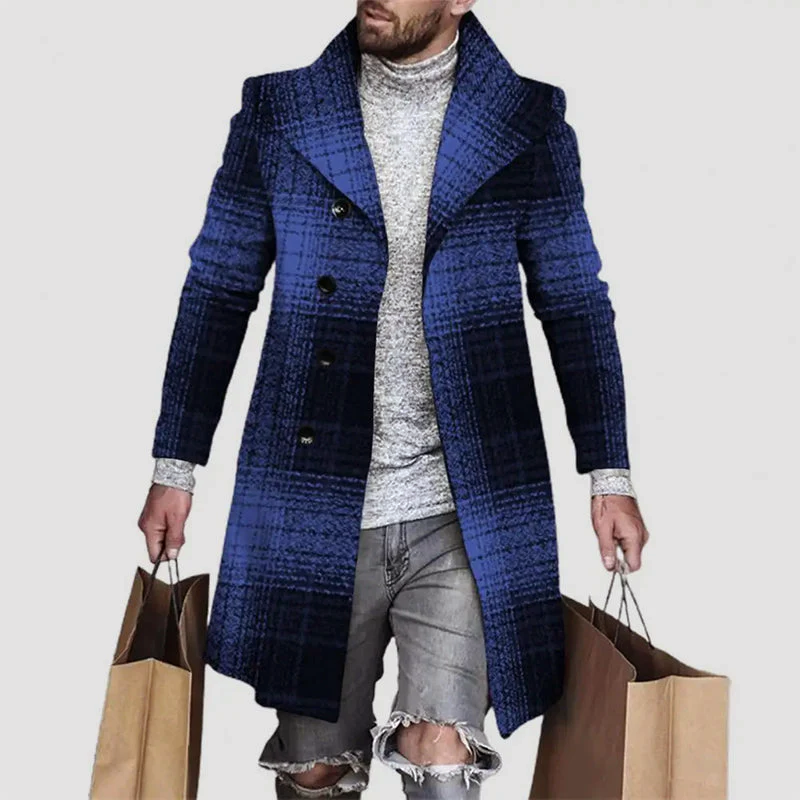 Men's Regular Fit Plaid Coat with Notched Lapel Blue