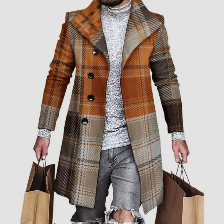 Men's Regular Fit Plaid Coat with Notched Lapel Brown