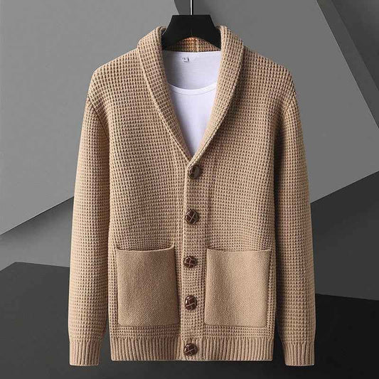 Men's Regular Fit Shawl Collar Cardigan - Button Front Design Tan