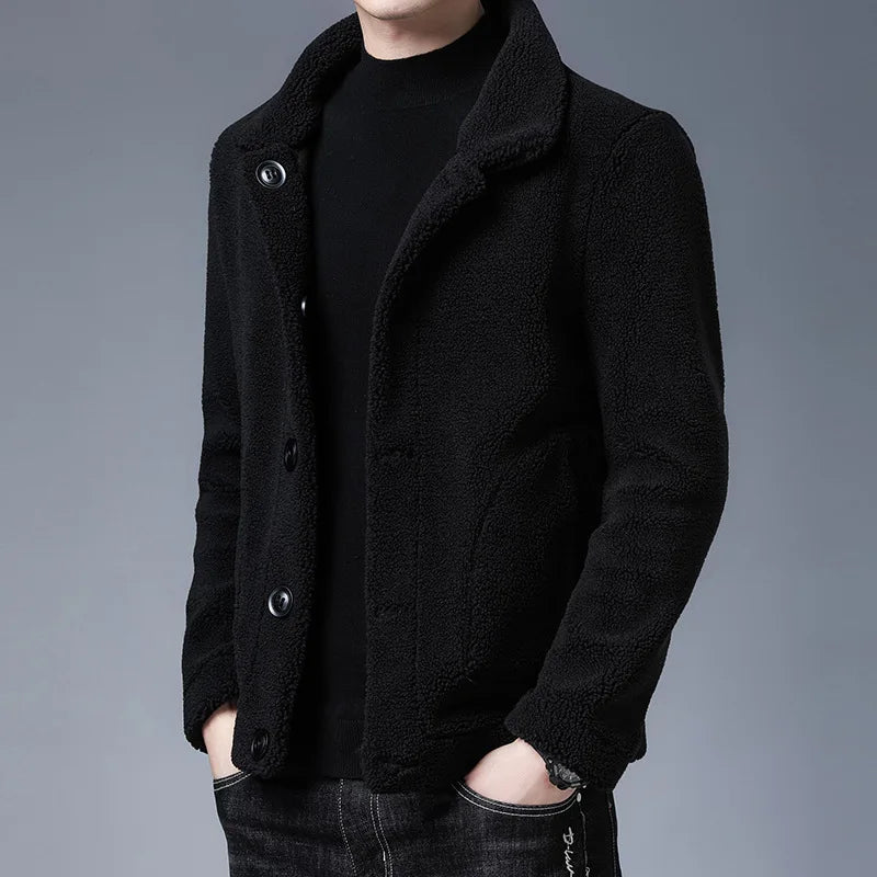 Men's Regular Fit Sherpa Fleece Jacket | Collared Button Front Design Classic Black