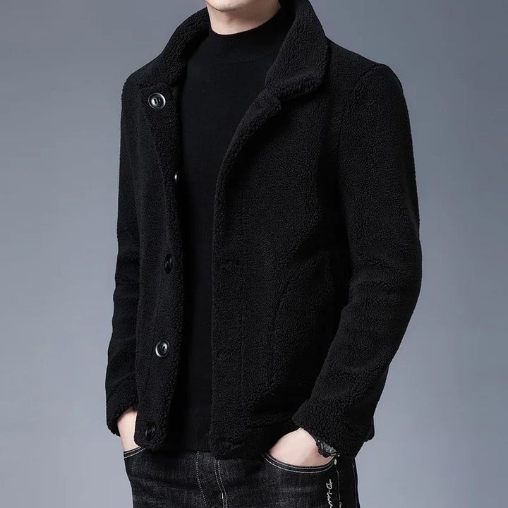 Men's Regular Fit Sherpa Fleece Jacket | Collared Button Front Design Classic Black