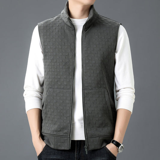 Men's Knit Stand Collar Full Zip Zipper Pockets Solid Gray Winter Vest Gray